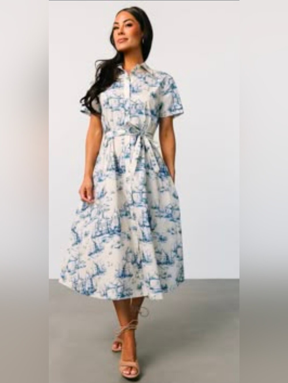 NWT Baltic Born Layne Holland Toile Midi Dress Cream Blue Tie Waist Size S